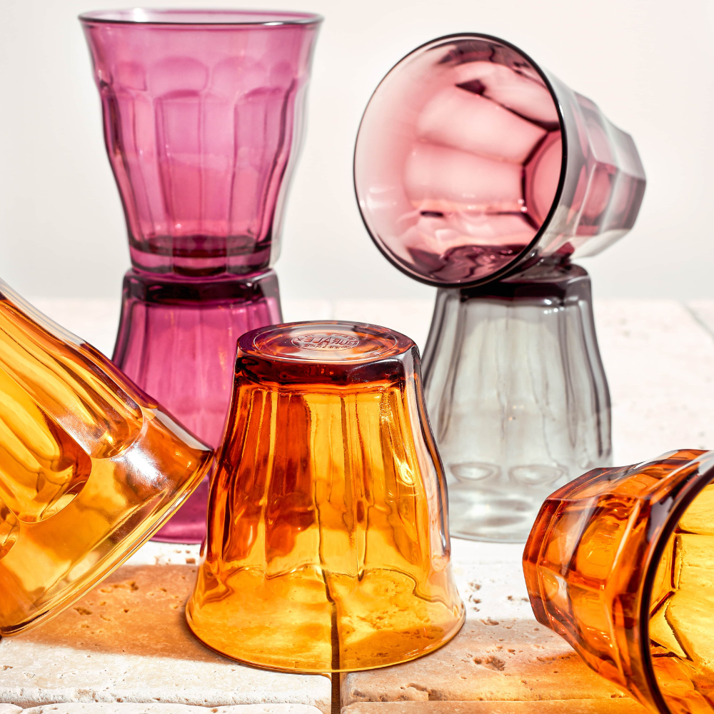 Verre duralex de la collection Picardie - couleurs vermeil, prune, gris